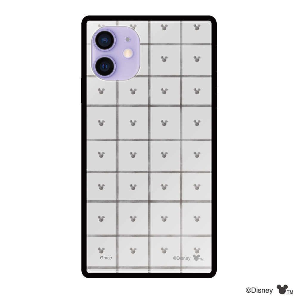 iPhone12/12Proケース スクエア 強化ガラスケース スクエアパターンミッキーマウス グレー