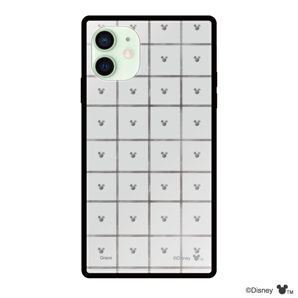 iPhone12miniケース スクエア 強化ガラスケース スクエアパターンミッキーマウス グレー