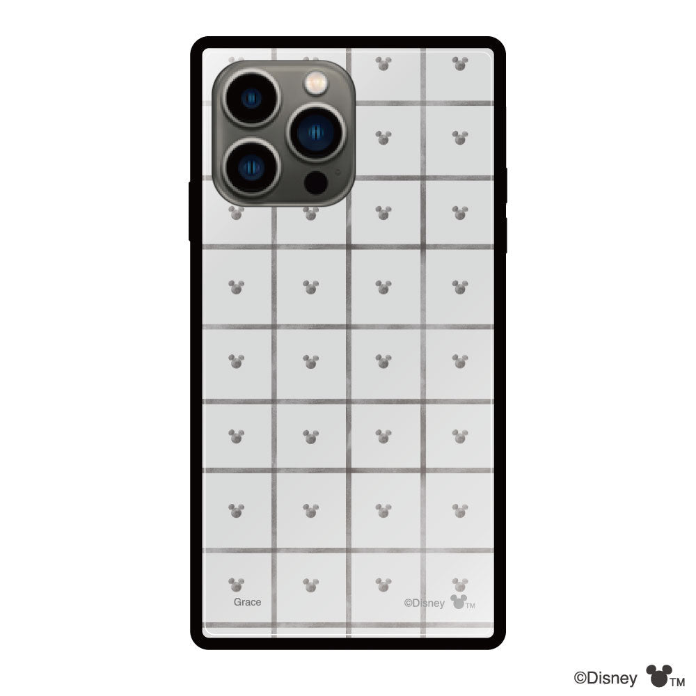 iPhone13Proケース スクエア 強化ガラスケース スクエアパターンミッキーマウス グレー