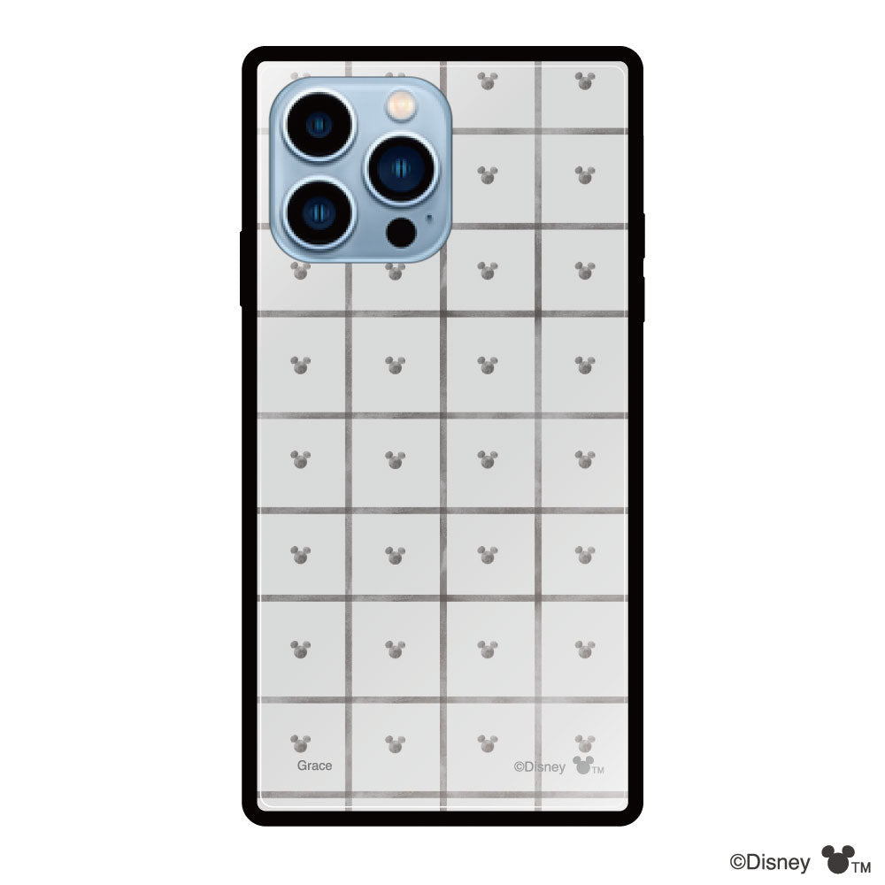 iPhone13ProMaxケース スクエア 強化ガラスケース スクエアパターンミッキーマウス グレー