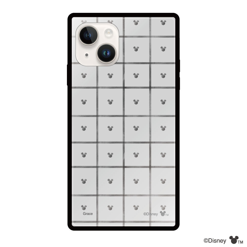 iPhone14/13ケース スクエア 強化ガラスケース スクエアパターンミッキーマウス グレー