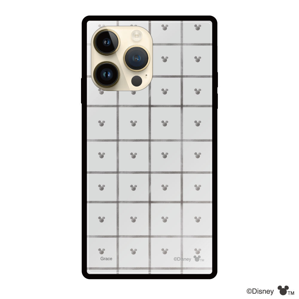 iPhone14Proケース スクエア 強化ガラスケース スクエアパターンミッキーマウス グレー