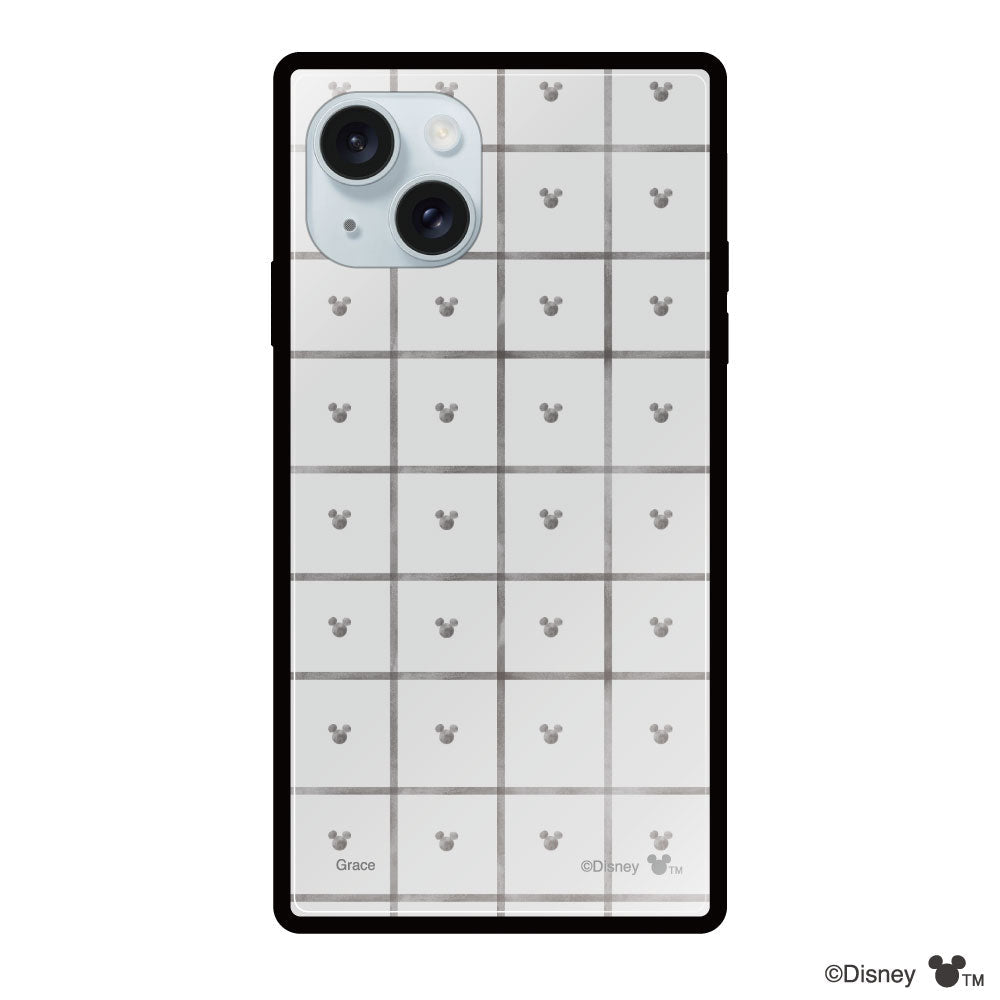 iPhone15Plus/14Plusケース スクエア 強化ガラスケース スクエアパターンミッキーマウス グレー