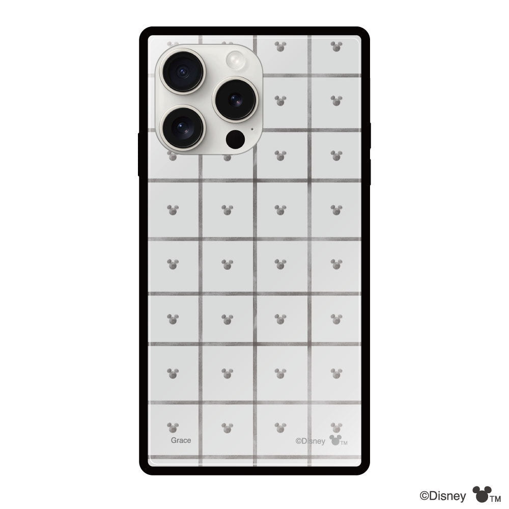 iPhone15ProMaxケース スクエア 強化ガラスケース スクエアパターンミッキーマウス グレー