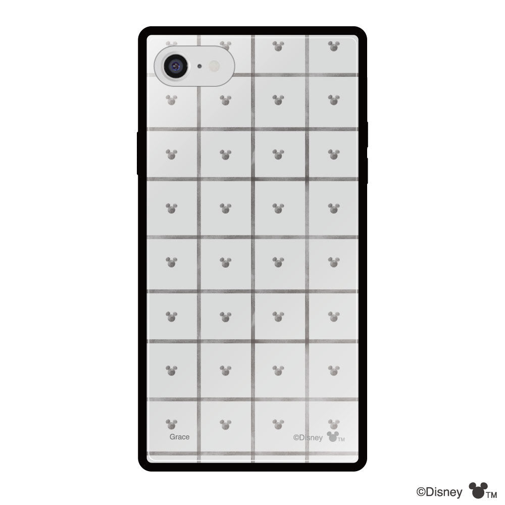 iPhone7/8/SE2/SE3ケース スクエア 強化ガラスケース スクエアパターンミッキーマウス グレー