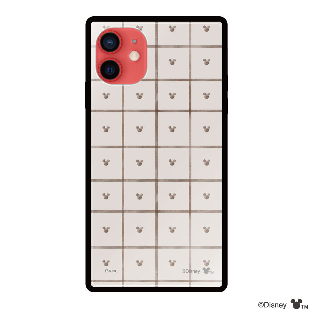 iPhone11ケース スクエア 強化ガラスケース スクエアパターンミッキーマウス ベージュ