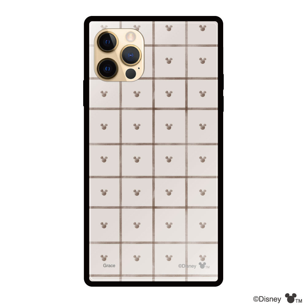 iPhone11Proケース スクエア 強化ガラスケース スクエアパターンミッキーマウス ベージュ
