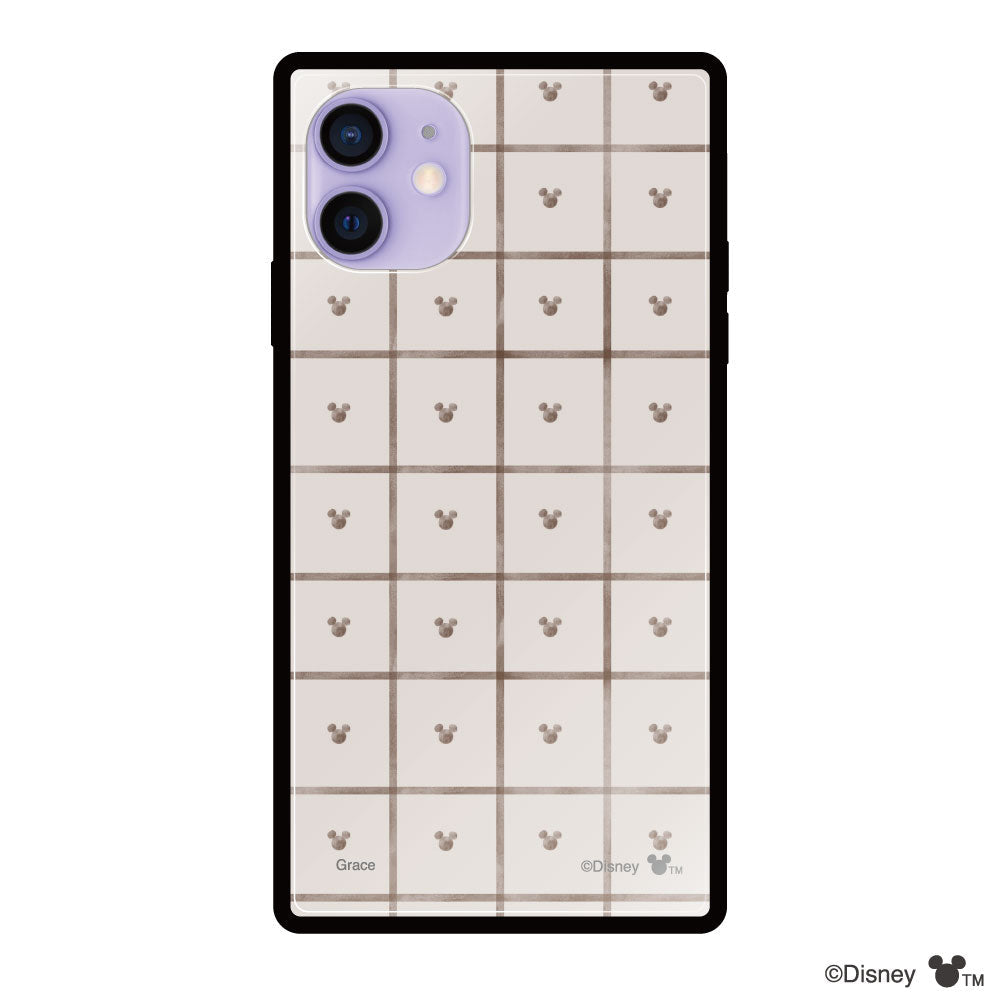 iPhone12/12Proケース スクエア 強化ガラスケース スクエアパターンミッキーマウス ベージュ