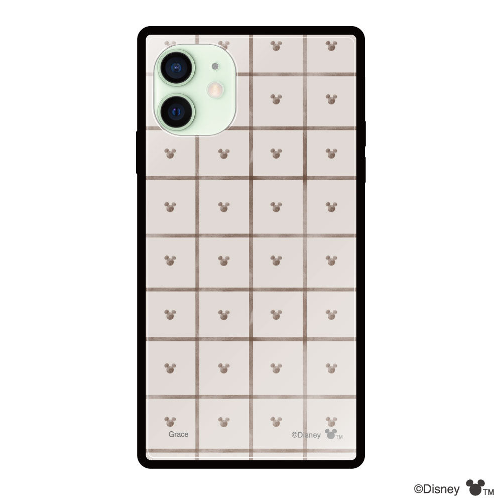 iPhone12miniケース スクエア 強化ガラスケース スクエアパターンミッキーマウス ベージュ