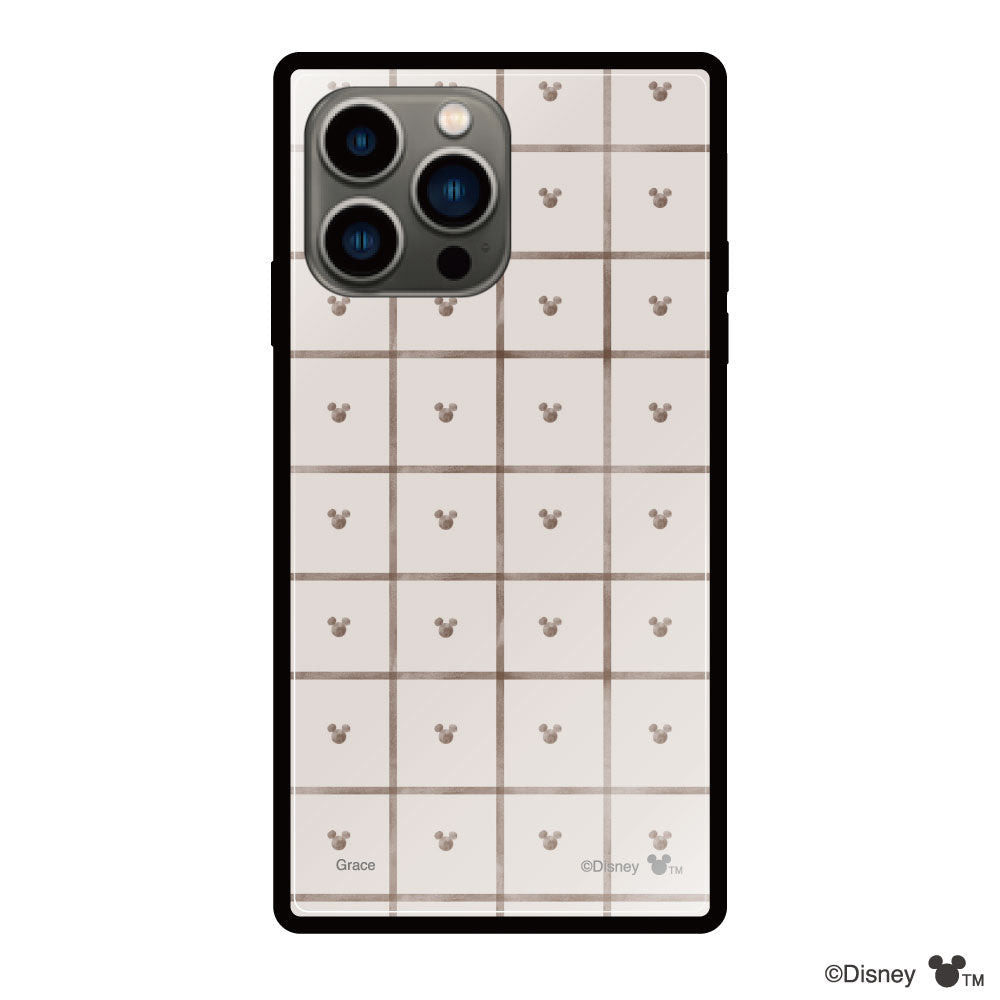 iPhone13Proケース スクエア 強化ガラスケース スクエアパターンミッキーマウス ベージュ