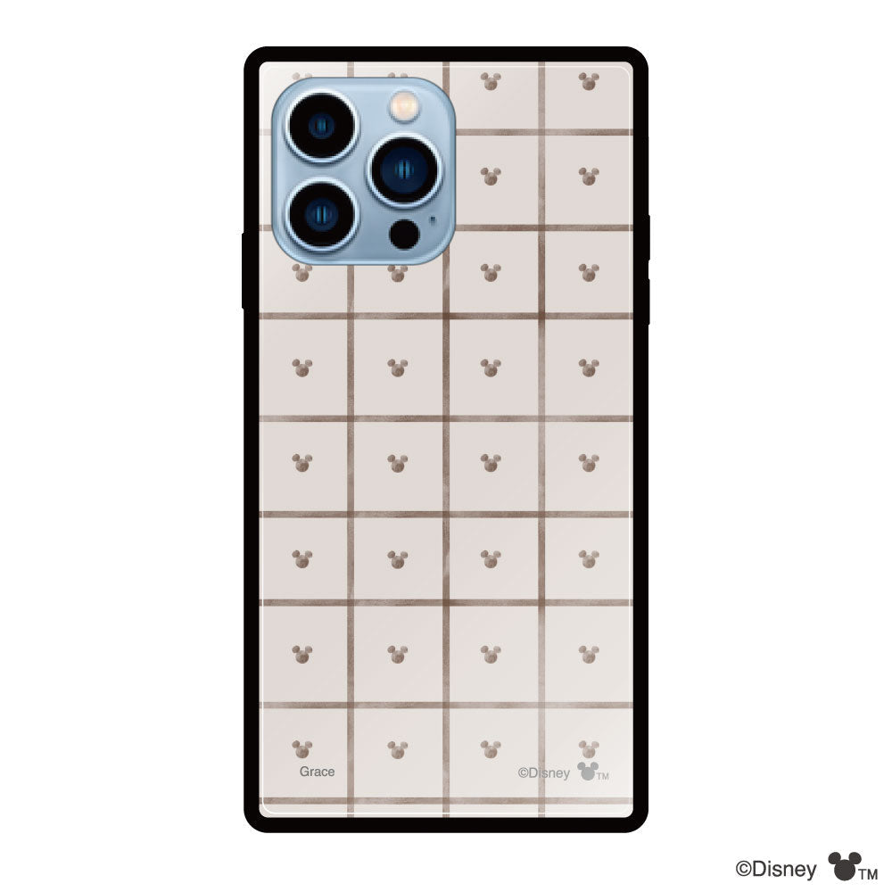 iPhone13ProMaxケース スクエア 強化ガラスケース スクエアパターンミッキーマウス ベージュ