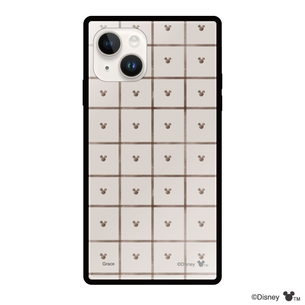 iPhone14/13ケース スクエア 強化ガラスケース スクエアパターンミッキーマウス ベージュ