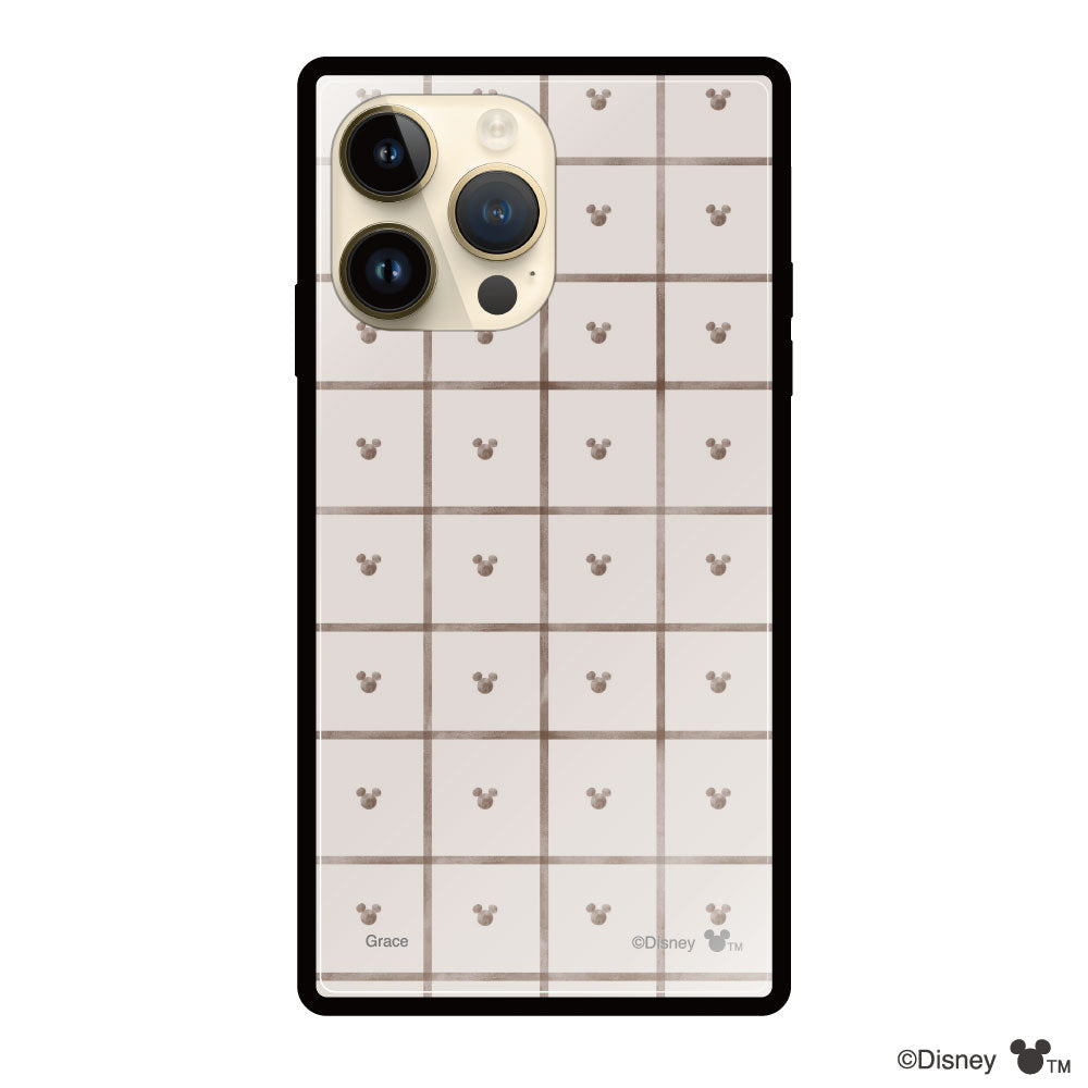 iPhone14Proケース スクエア 強化ガラスケース スクエアパターンミッキーマウス ベージュ
