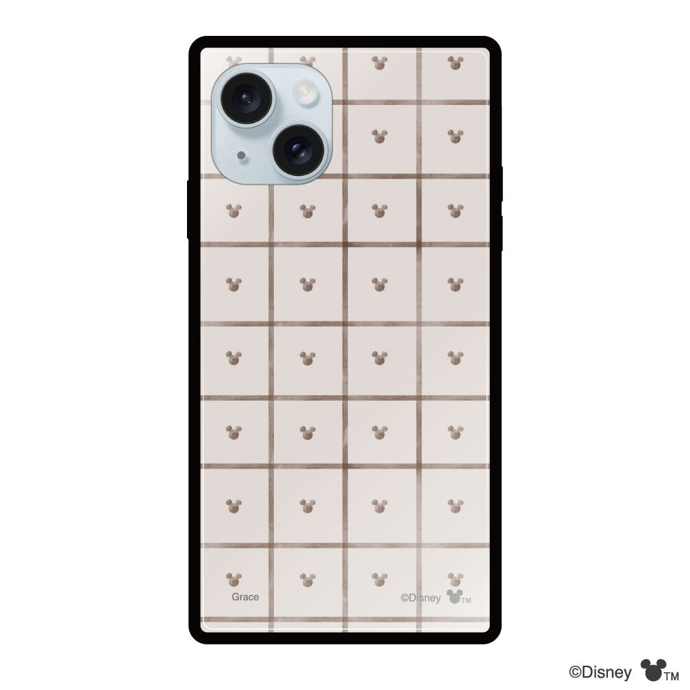 iPhone15Plus/14Plusケース スクエア 強化ガラスケース スクエアパターンミッキーマウス ベージュ