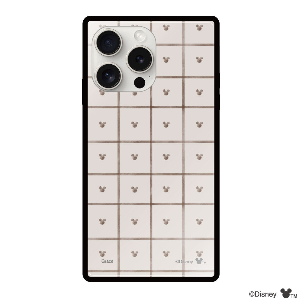 iPhone15ProMaxケース スクエア 強化ガラスケース スクエアパターンミッキーマウス ベージュ