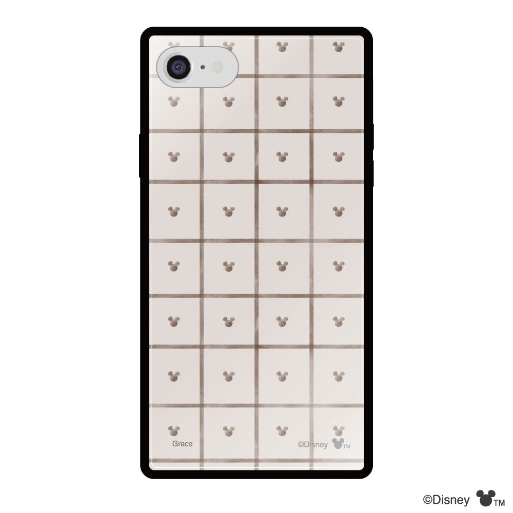 iPhone7/8/SE2/SE3ケース スクエア 強化ガラスケース スクエアパターンミッキーマウス ベージュ