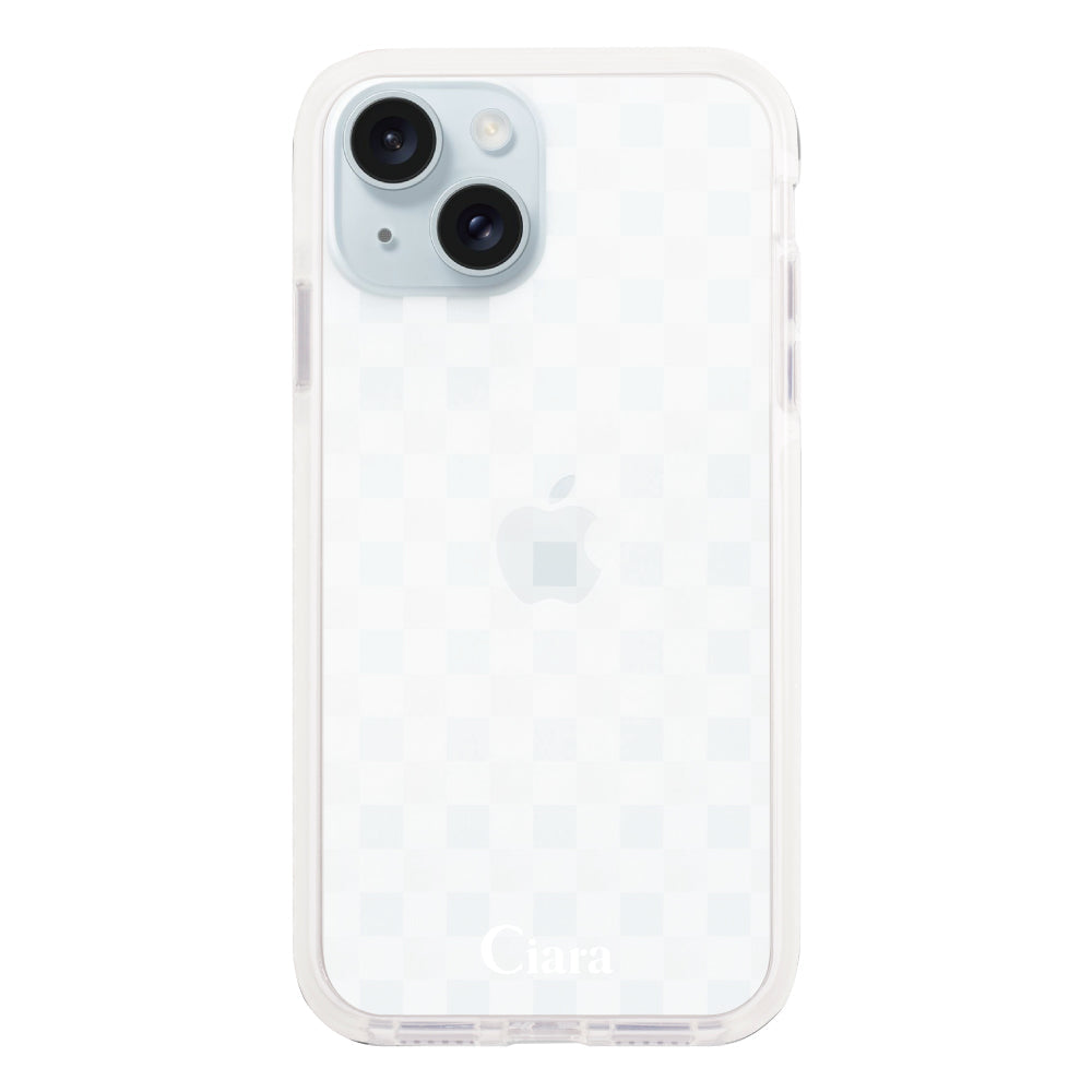 iPhone15Plusケース クッションバンパー 耐衝撃クリアケース ギンガム ホワイト