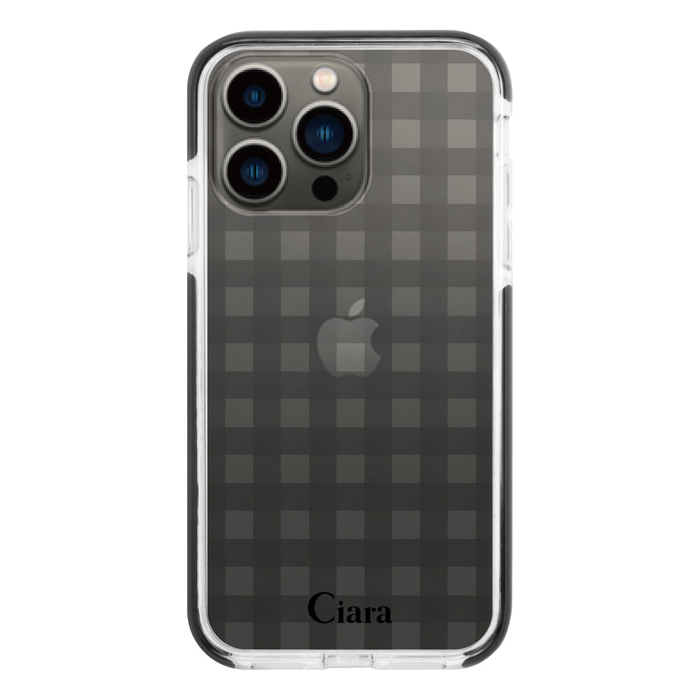 iPhone13Proケース クッションバンパー 耐衝撃クリアケース ギンガム ブラック
