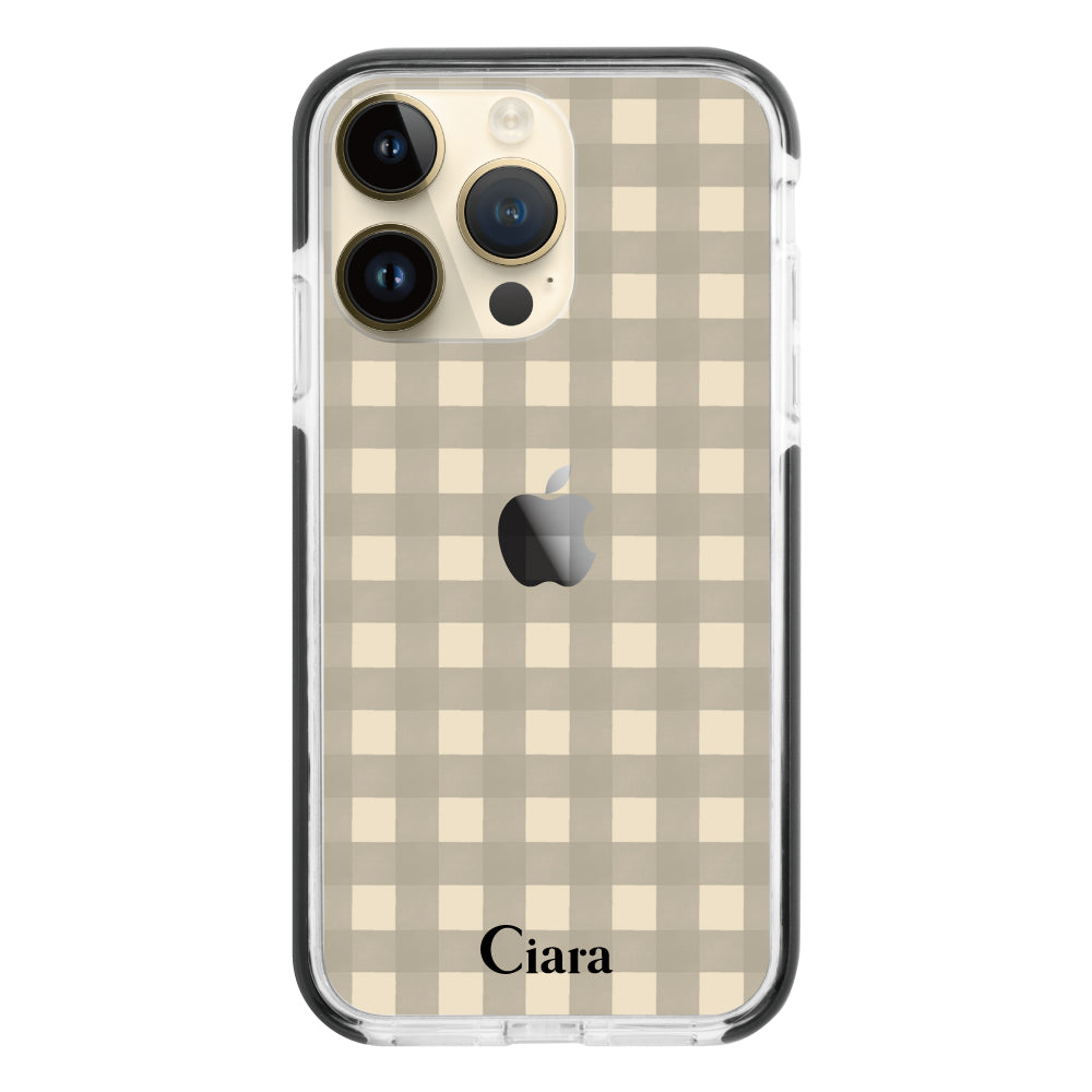 iPhone14Proケース クッションバンパー 耐衝撃クリアケース ギンガム ブラック