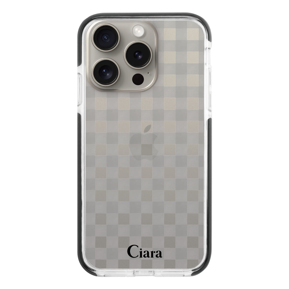 iPhone15Proケース クッションバンパー 耐衝撃クリアケース ギンガム ブラック