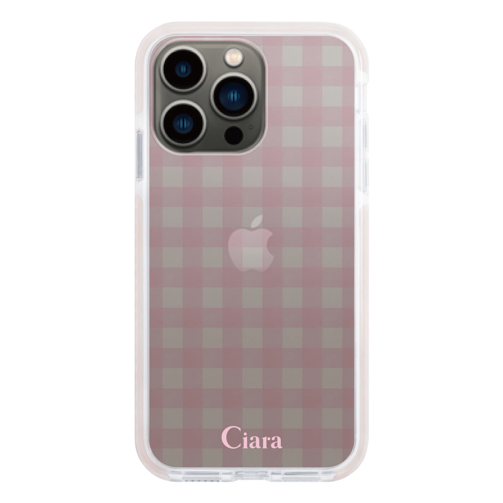 iPhone13Proケース クッションバンパー 耐衝撃クリアケース ギンガム ピンク