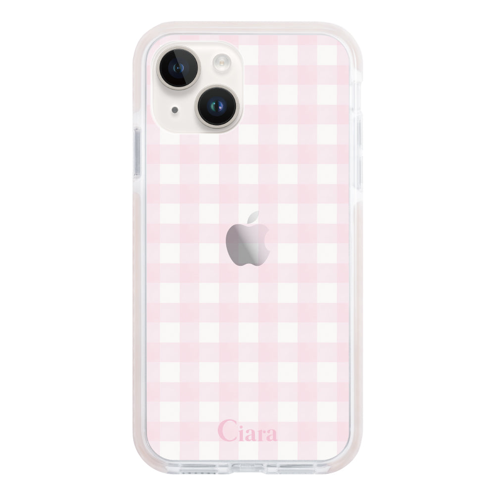 iPhone14ケース クッションバンパー 耐衝撃クリアケース ギンガム ピンク