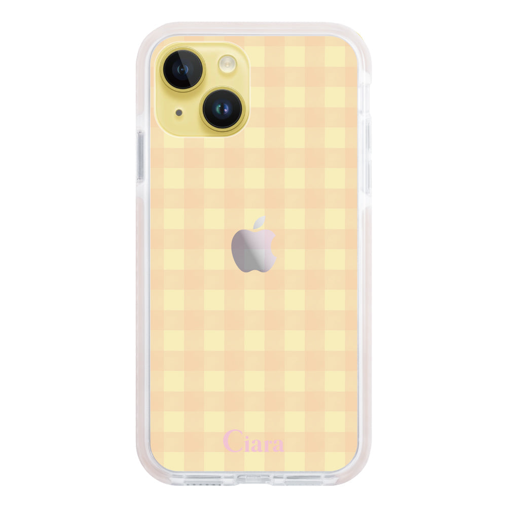 iPhone14Plusケース クッションバンパー 耐衝撃クリアケース ギンガム ピンク