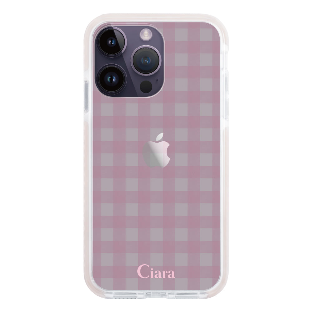 iPhone14ProMaxケース クッションバンパー 耐衝撃クリアケース ギンガム ピンク