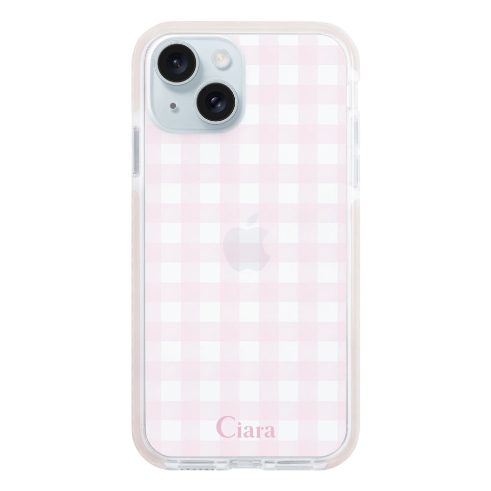 iPhone15Plusケース クッションバンパー 耐衝撃クリアケース ギンガム ピンク