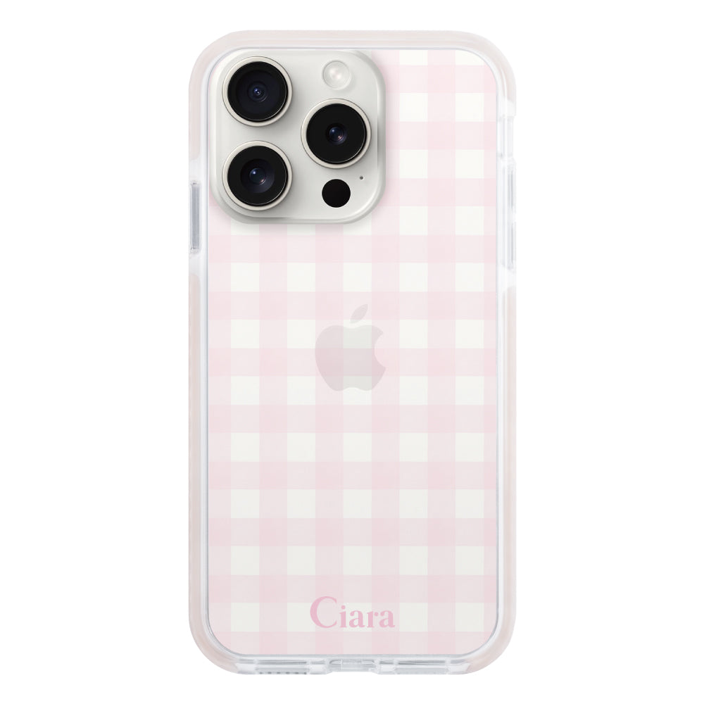 iPhone15ProMaxケース クッションバンパー 耐衝撃クリアケース ギンガム ピンク