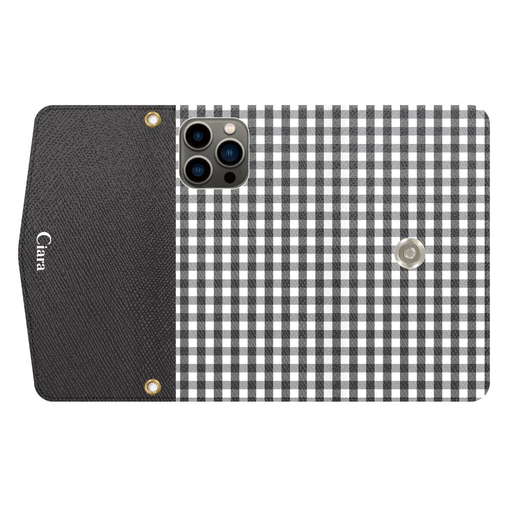 iPhone13Proケース 手帳型カード収納レザーケース ギンガム ブラック