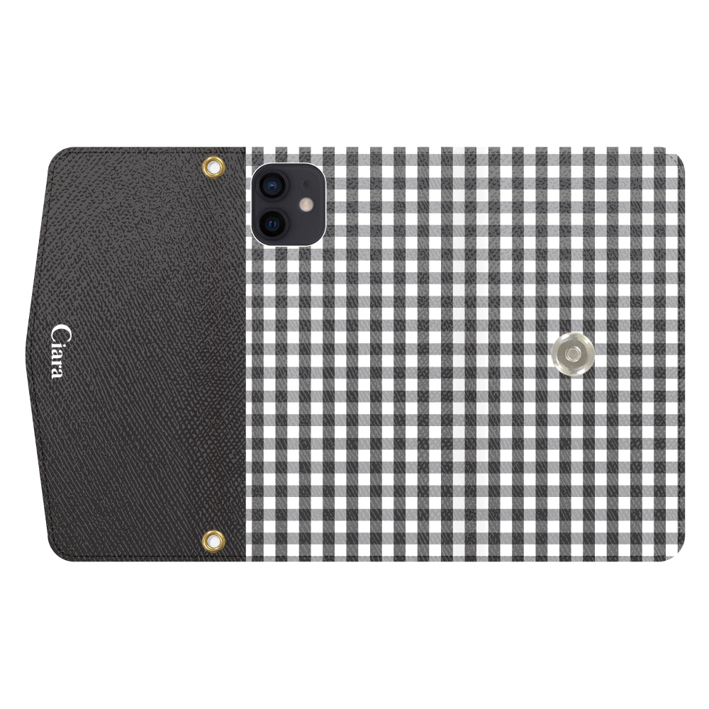 iPhoneXRケース 手帳型カード収納レザーケース ギンガム ブラック