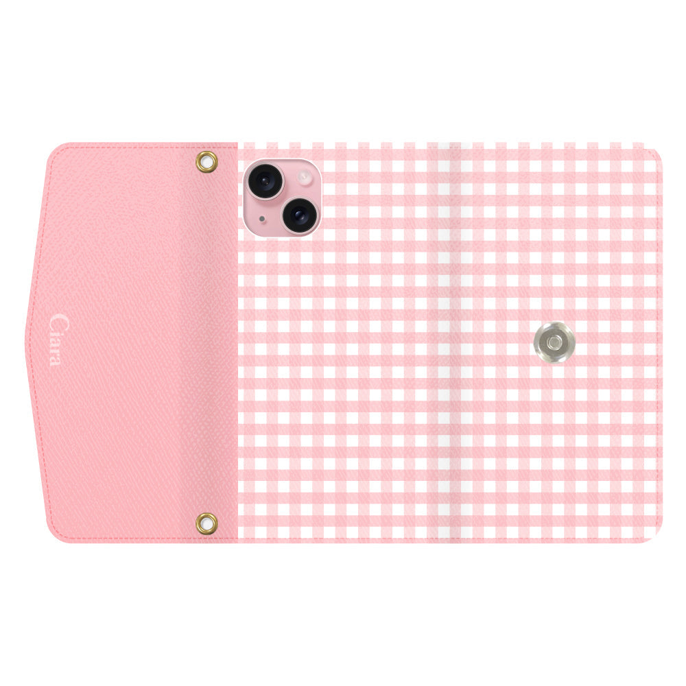 iPhone15ケース 手帳型カード収納レザーケース ギンガム ピンク