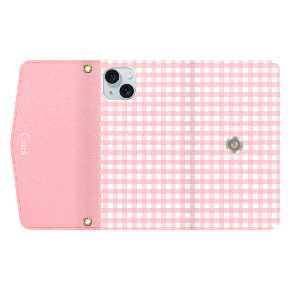 iPhone15Plusケース 手帳型カード収納レザーケース ギンガム ピンク