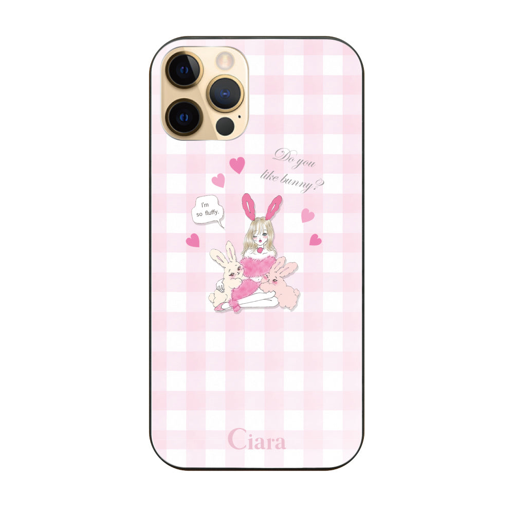 iPhone11Proケース ガラス 強化ガラスケース バニーガール ピンクチェック