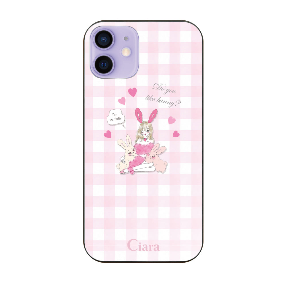 iPhone12/12Proケース ガラス 強化ガラスケース バニーガール ピンクチェック