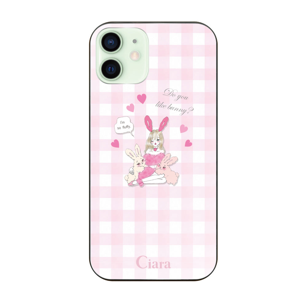 iPhone12miniケース ガラス 強化ガラスケース バニーガール ピンクチェック