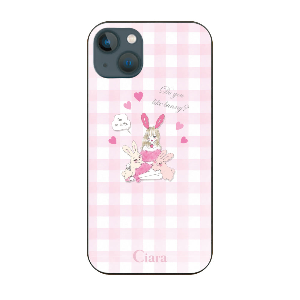 iPhone13miniケース ガラス 強化ガラスケース バニーガール ピンクチェック
