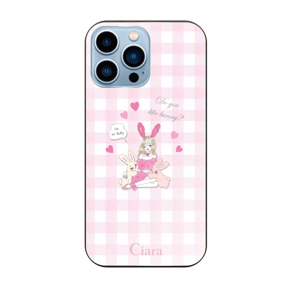 iPhone13ProMaxケース ガラス 強化ガラスケース バニーガール ピンクチェック