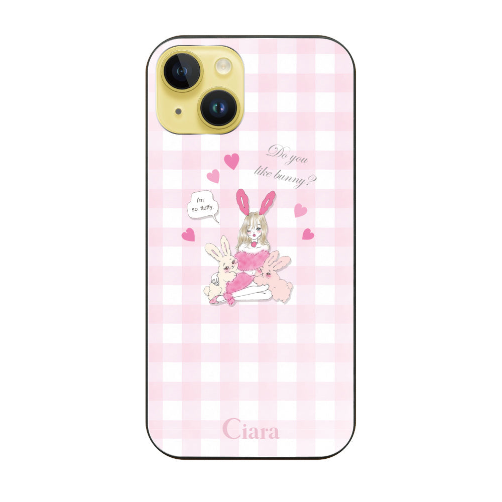 iPhone14Plusケース ガラス 強化ガラスケース バニーガール ピンクチェック