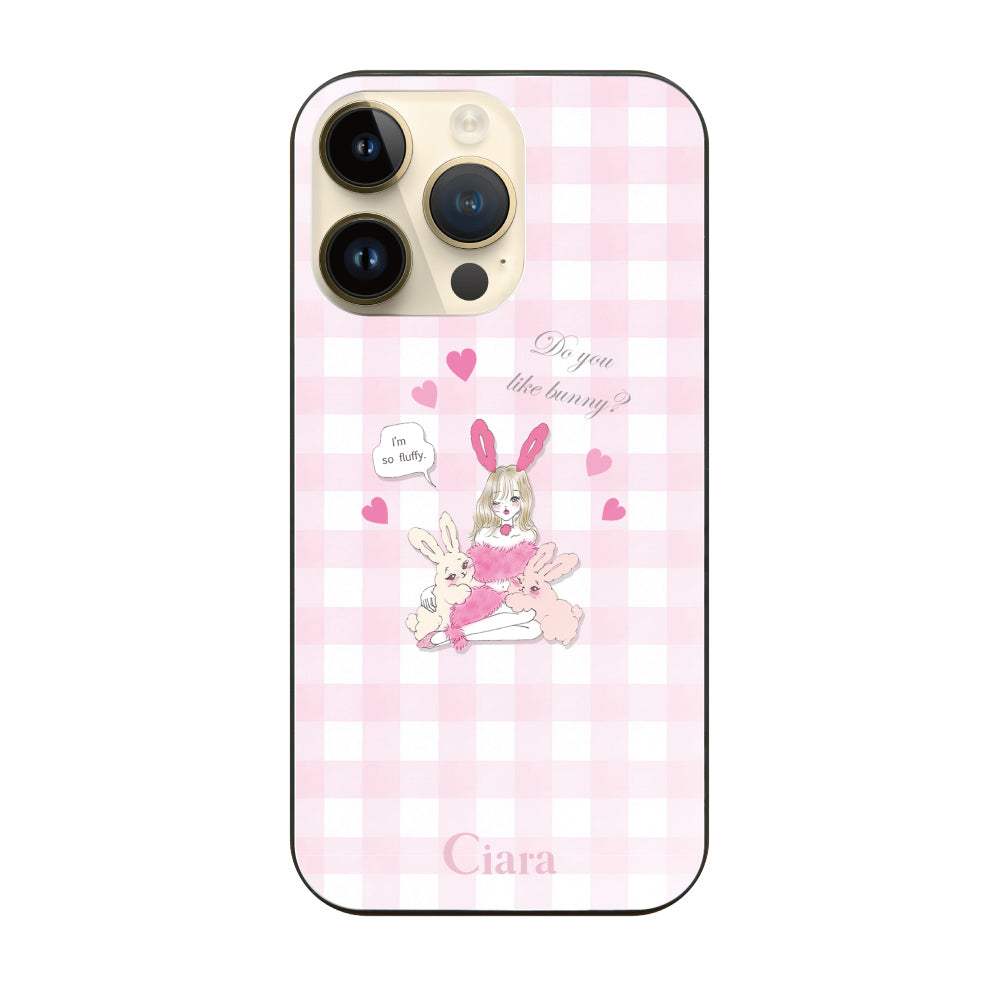 iPhone14Proケース ガラス 強化ガラスケース バニーガール ピンクチェック