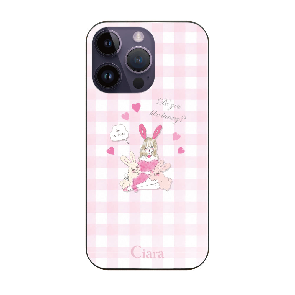 iPhone14ProMaxケース ガラス 強化ガラスケース バニーガール ピンクチェック