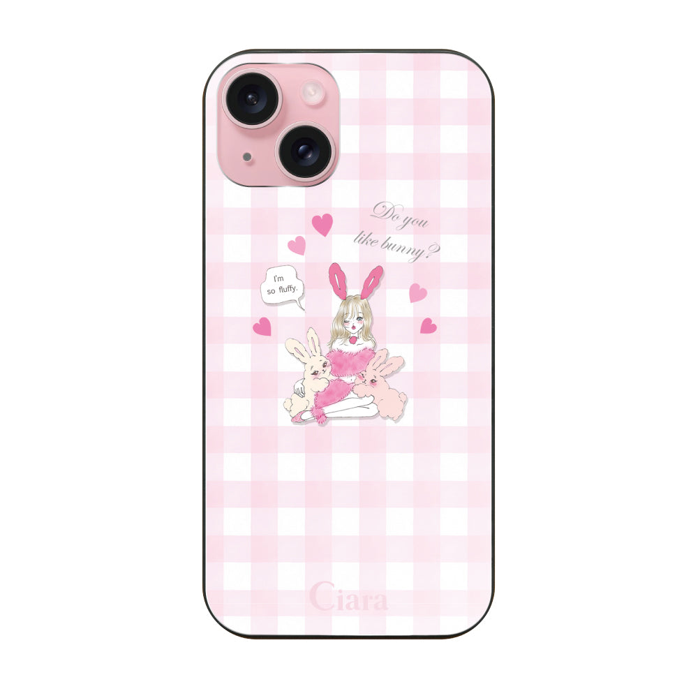 iPhone15ケース ガラス 強化ガラスケース バニーガール ピンクチェック