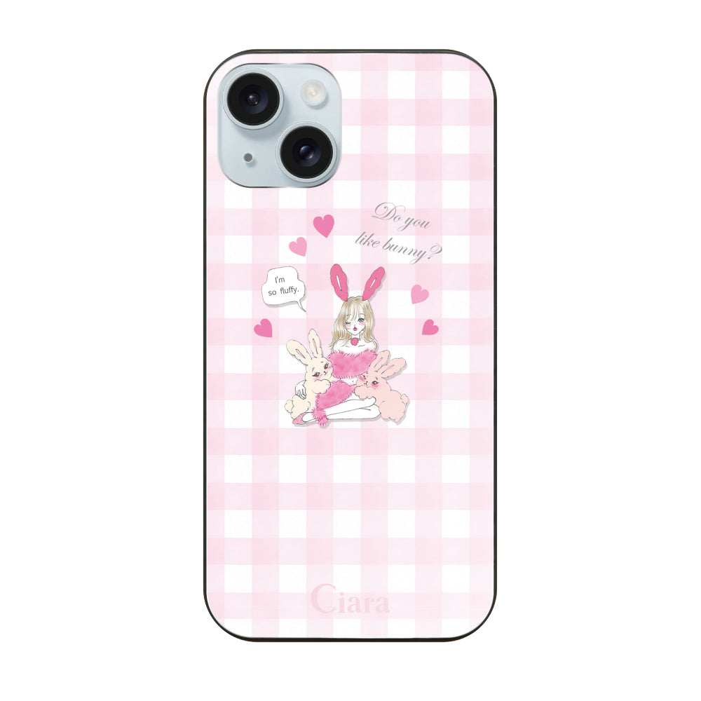 iPhone15Plusケース ガラス 強化ガラスケース バニーガール ピンクチェック