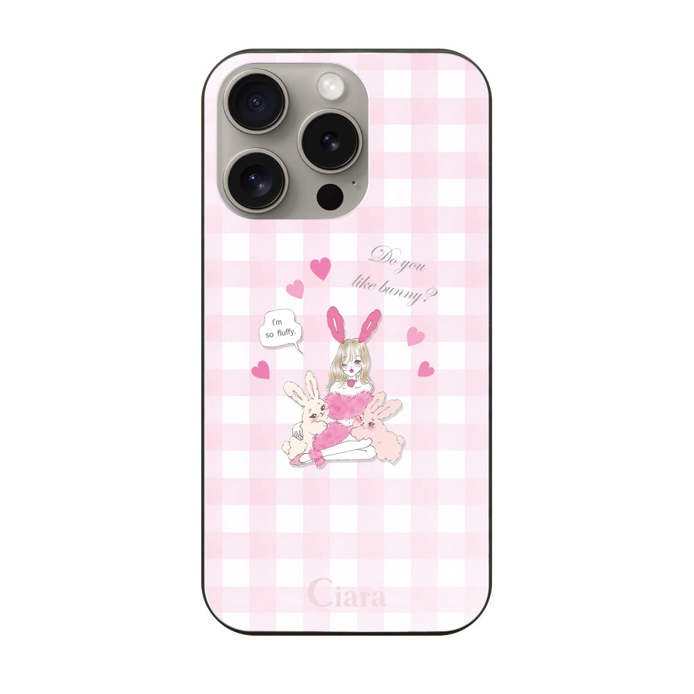 iPhone15Proケース ガラス 強化ガラスケース バニーガール ピンクチェック