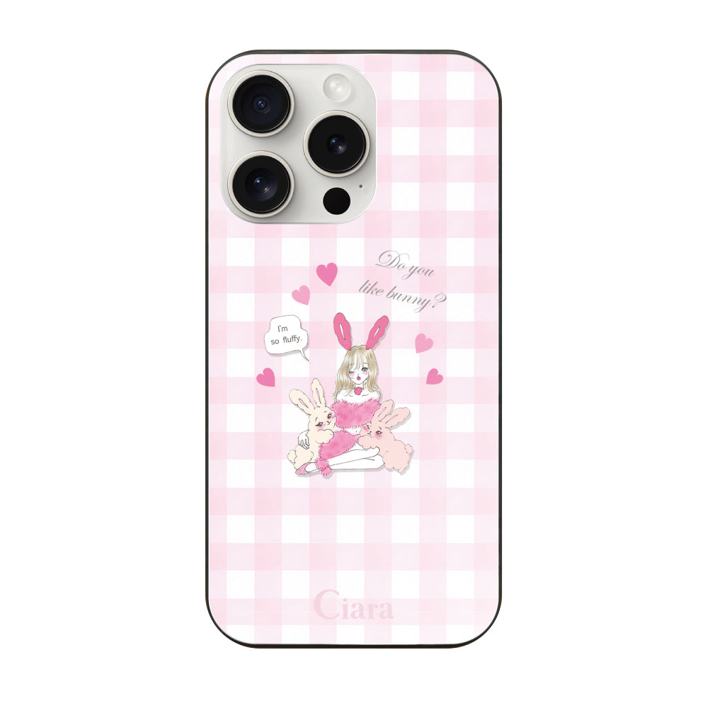 iPhone15ProMaxケース ガラス 強化ガラスケース バニーガール ピンクチェック
