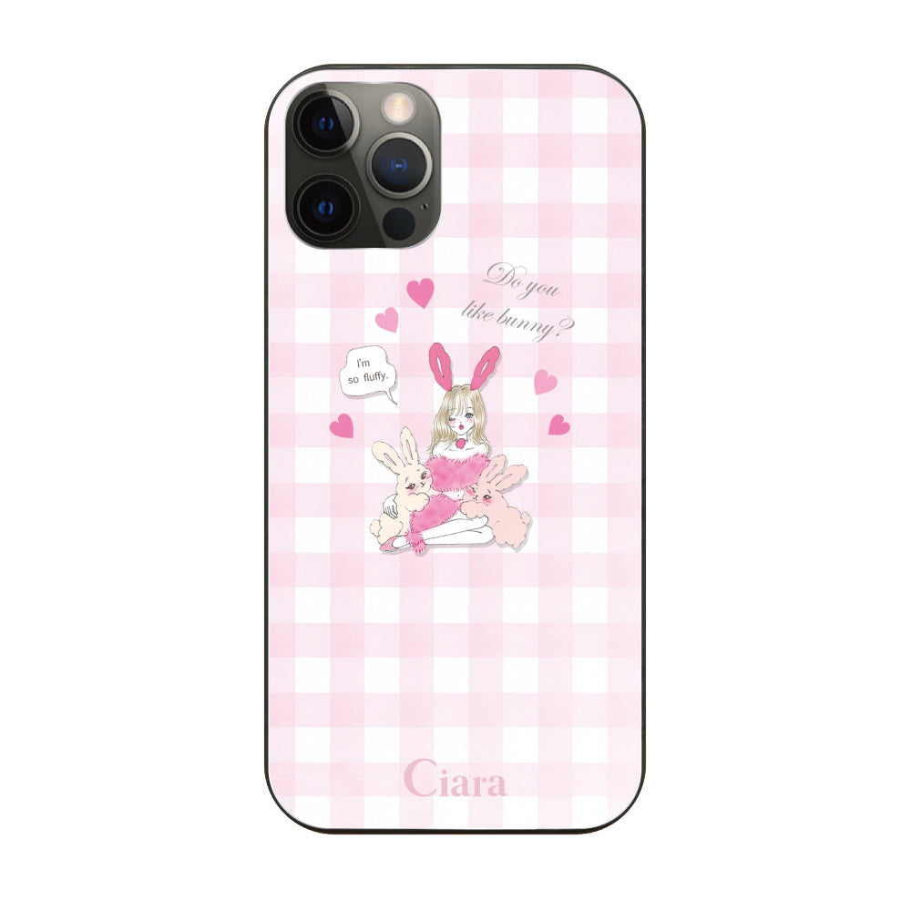 iPhoneX/XSケース ガラス 強化ガラスケース バニーガール ピンクチェック
