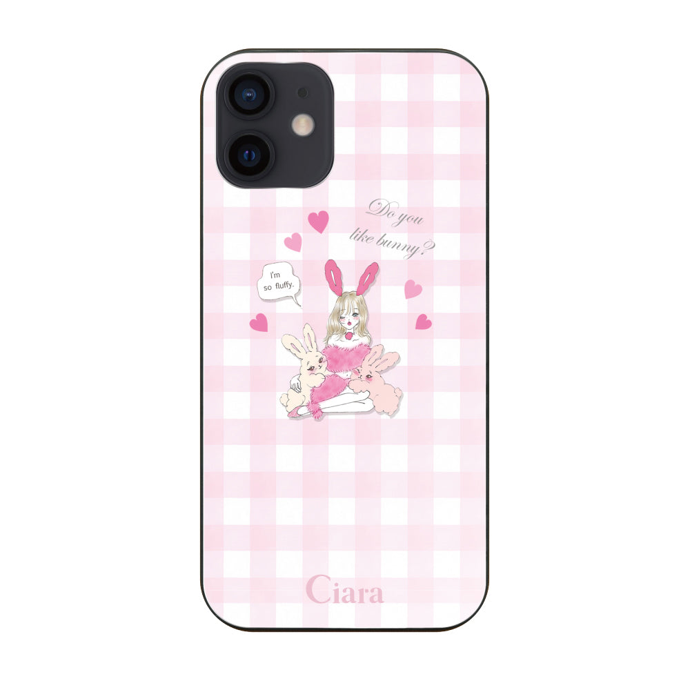 iPhoneXRケース ガラス 強化ガラスケース バニーガール ピンクチェック