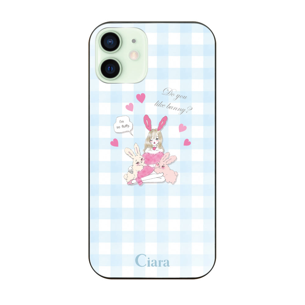 iPhone12miniケース ガラス 強化ガラスケース バニーガール ブルーチェック