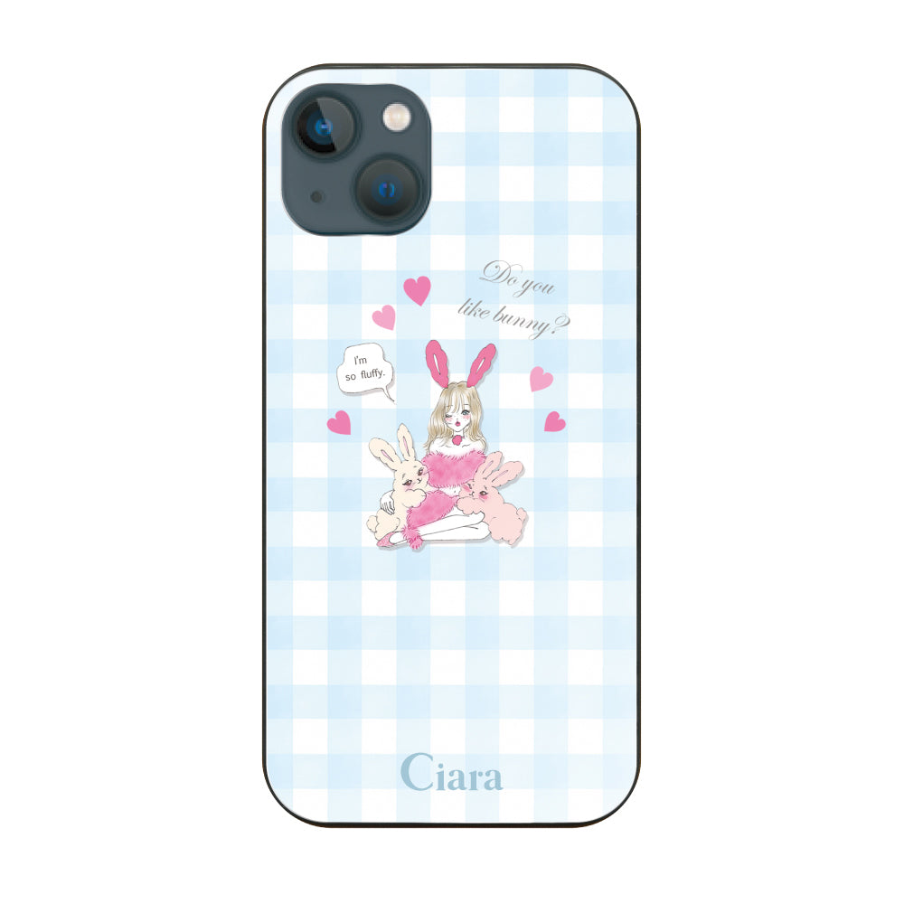 iPhone13miniケース ガラス 強化ガラスケース バニーガール ブルーチェック